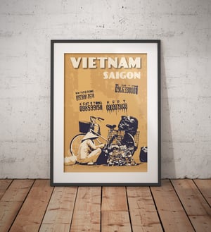 Image of Vintage poster Vietnam - Saigon yellow wall with graffiti - Fine Art Print