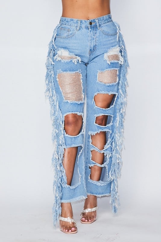 denim fringe jeans