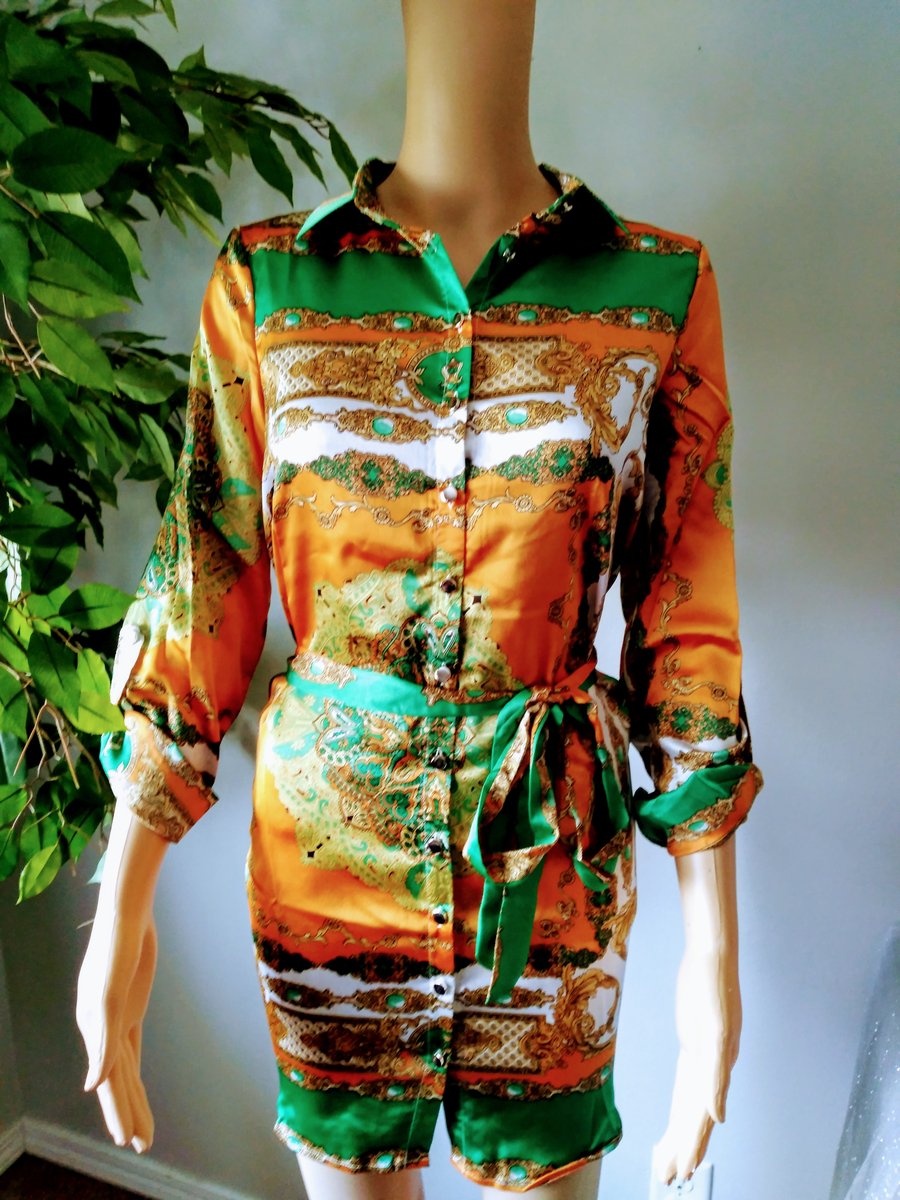 Image of Gold& Green Scarf Print Dress 