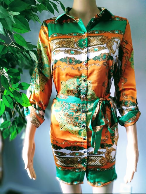 Image of Gold& Green Scarf Print Dress 