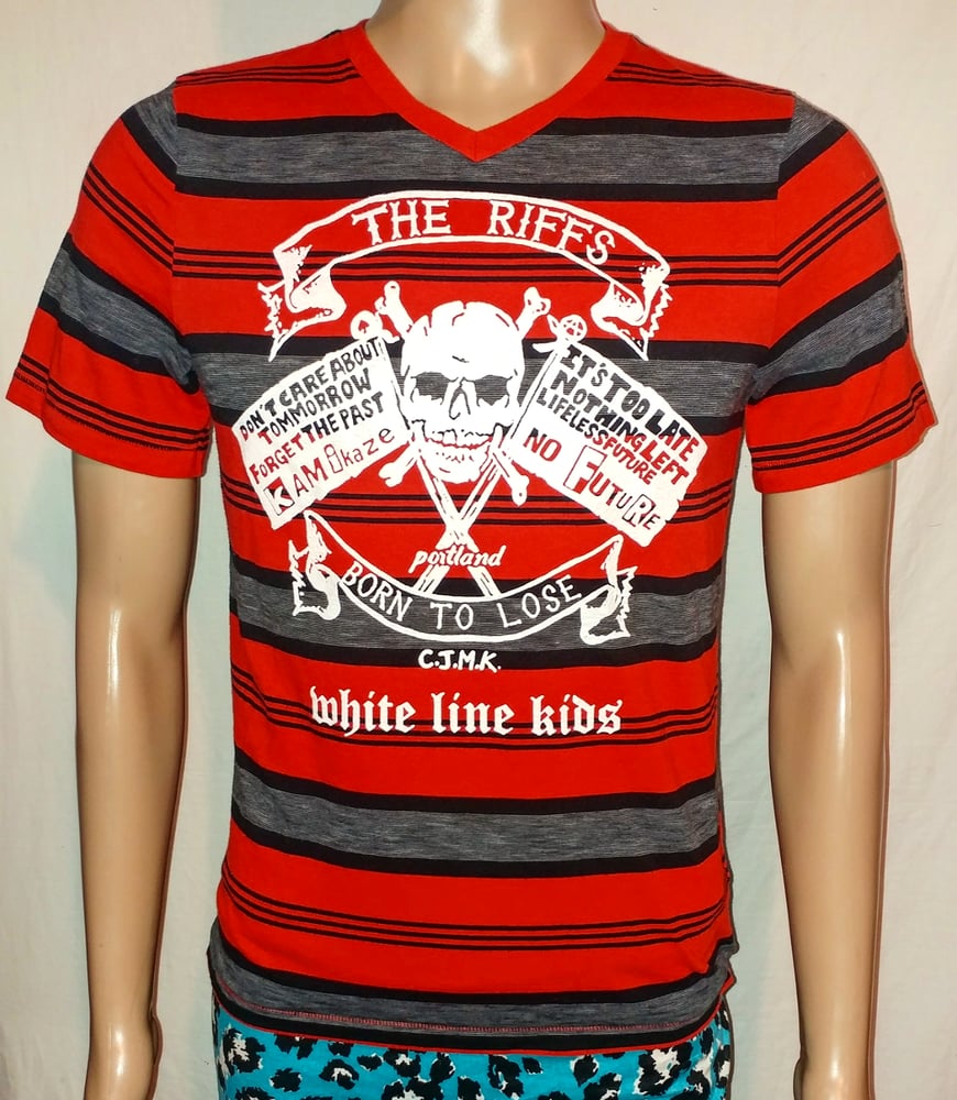 Image of The Riffs White Line Kids red black striped tshirt size Small