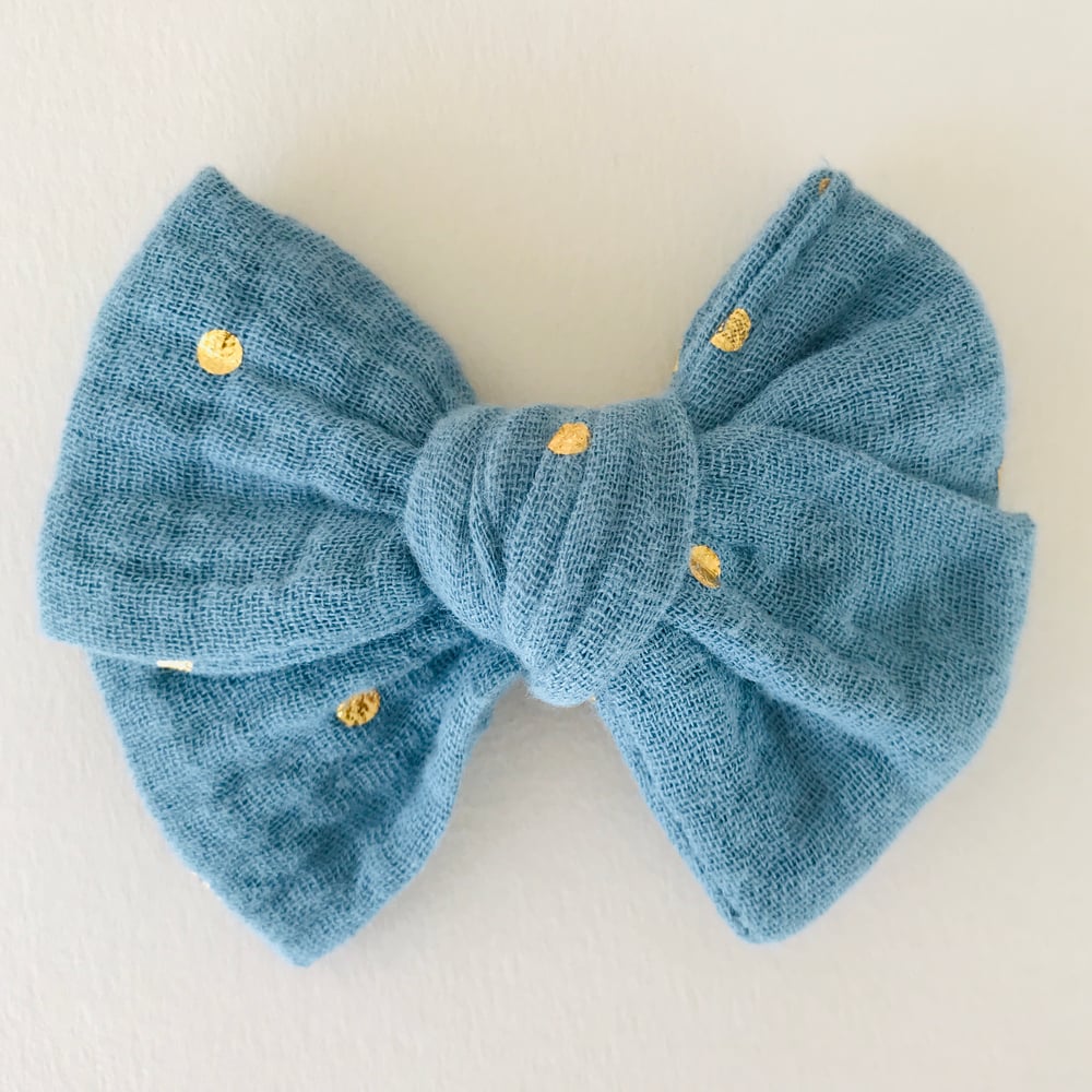 Image of Barrette double gaze bleue pastilles dorés