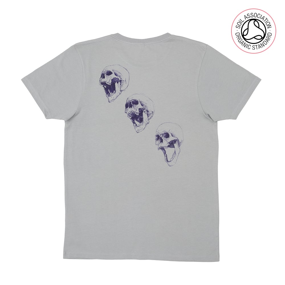 3 Skulls Back Print Unisex Grey T-shirt (Organic) 2 variants.