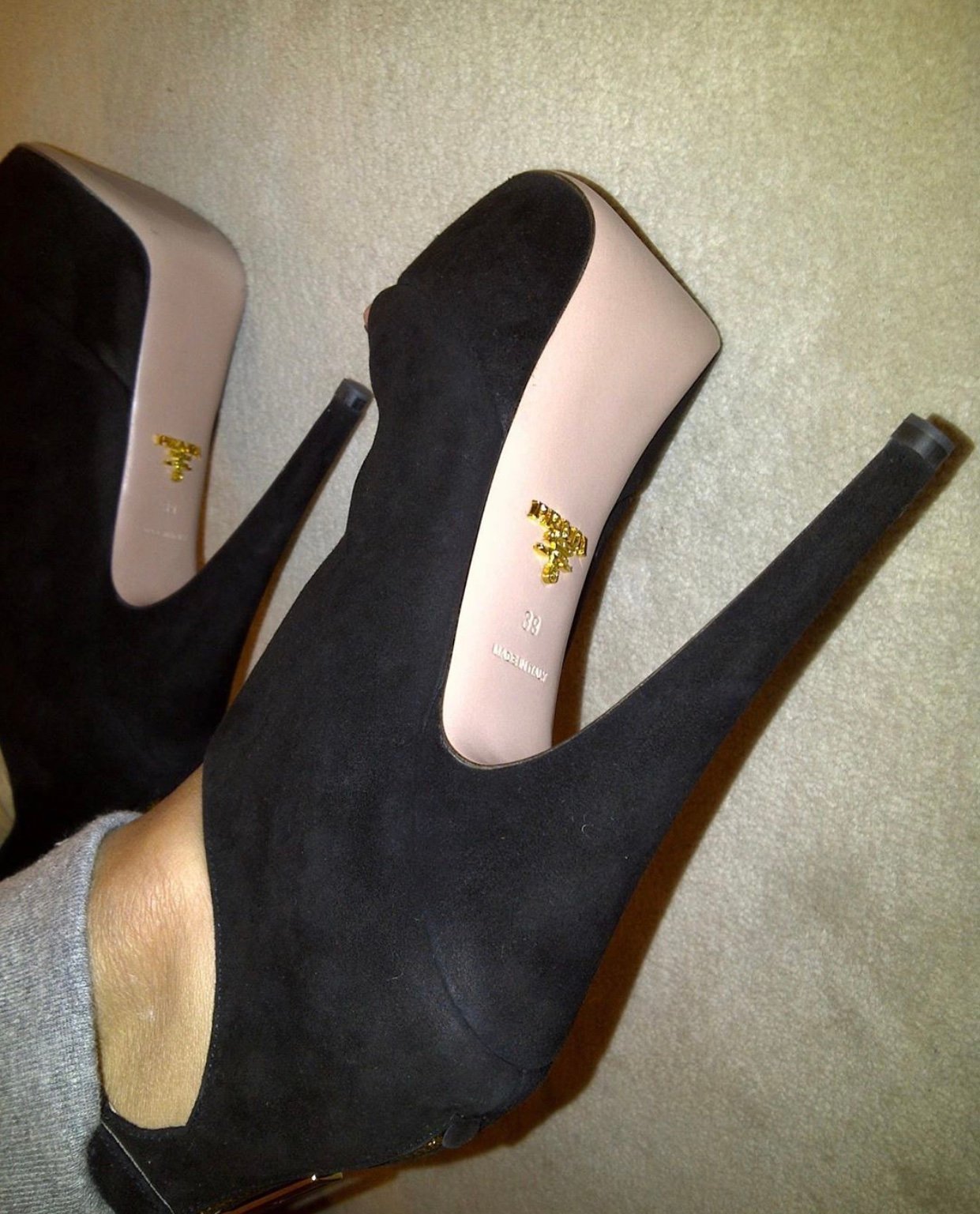 Image of PRADA PLATFORM SUEDE PEEP-TOE PUMPS (SIZE 39)