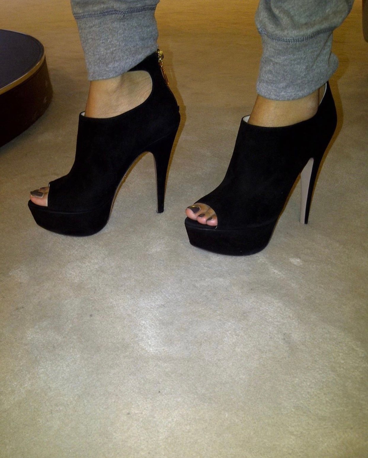 Image of PRADA PLATFORM SUEDE PEEP-TOE PUMPS (SIZE 39)