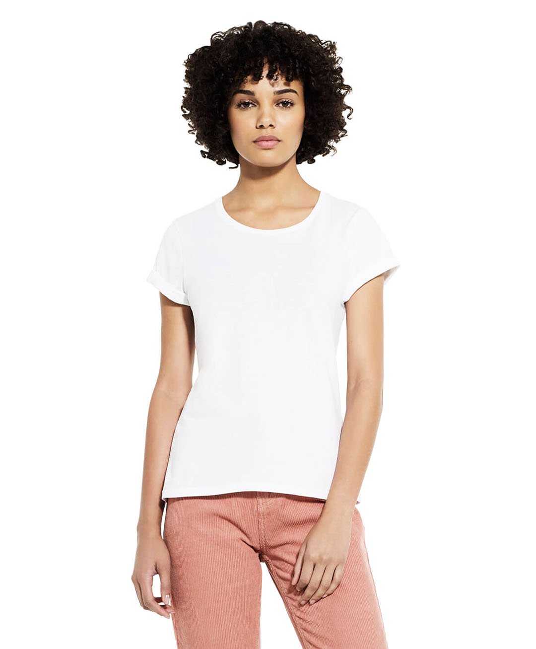 Image of LOKAH SAMASTAH SUKHINO BHAVANTU – red/beige – white t-shirt w/ rolled-up sleeves – 