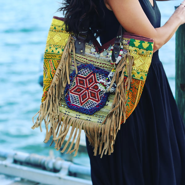 Image of Tribal vintage fringe tote bag .