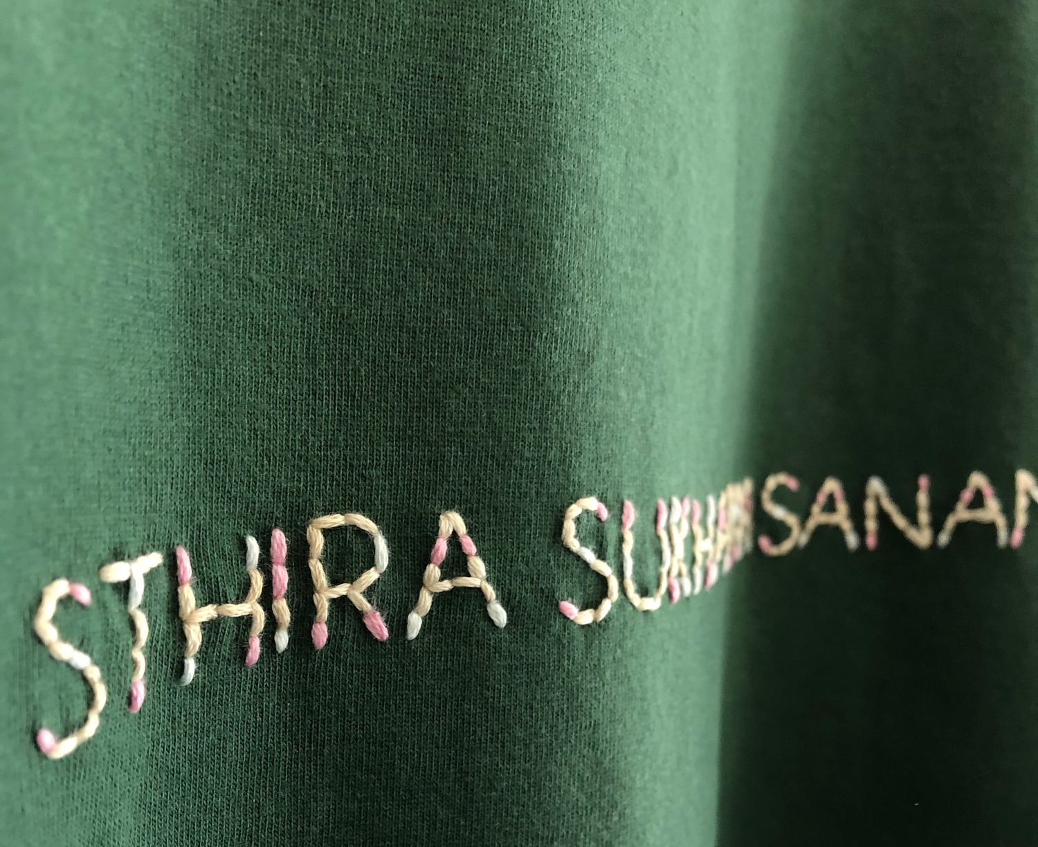 Image of STHIRA SUKHAM ASANAM – beige/pink/cream – bottle green unisex t-shirt