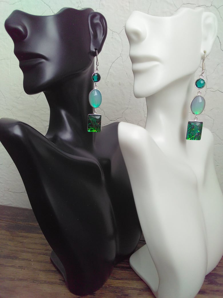 Image of SQUARE TRIPLET OPAL AND GREEN GEM EARRINGS