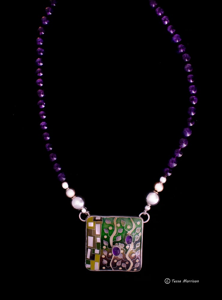 Image of Cloisonné Enamel Necklace with two set Amethyst  and strung with Amethyst Beads