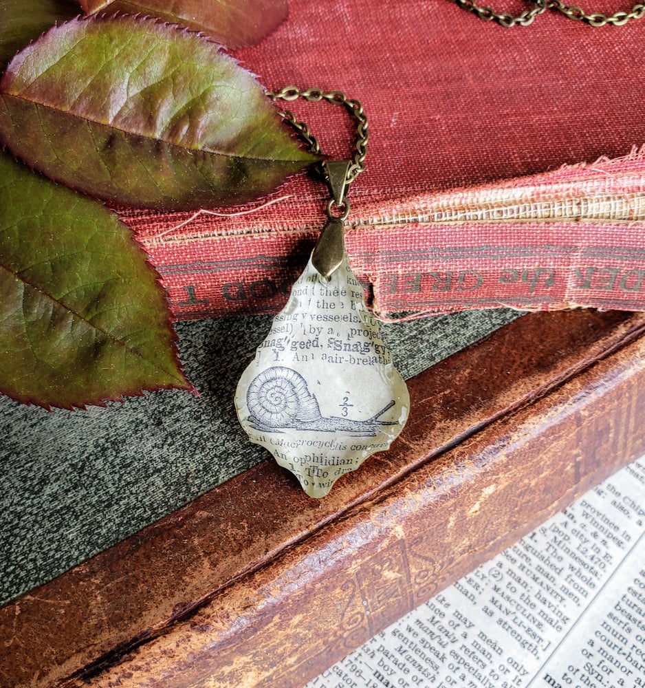 Image of Antique Encyclopedia Page & Salvaged Chandelier Crystal Snail Necklace