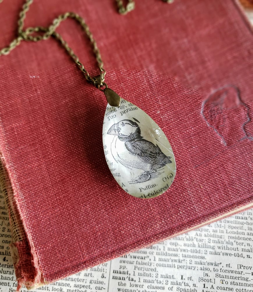 Image of Puffin Upcycled Dictionary Page Pendant Necklace 