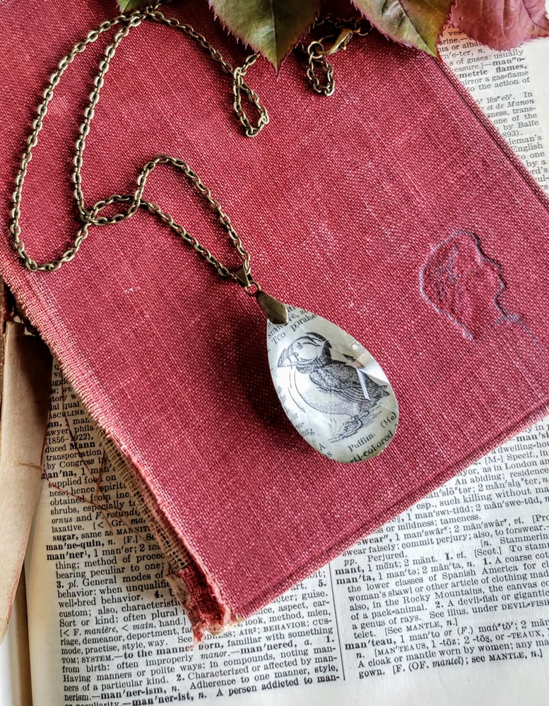 Image of Puffin Upcycled Dictionary Page Pendant Necklace 