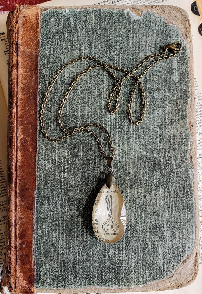 Image of Scissors Salvaged Chandelier Crystal & Vintage Book Page Pendant Necklace