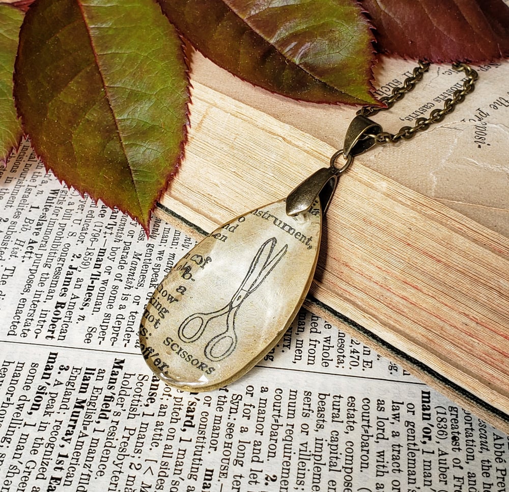 Image of Scissors Salvaged Chandelier Crystal & Vintage Book Page Pendant Necklace