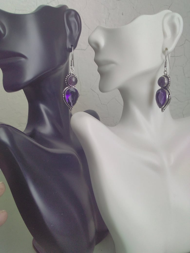 Image of DOUBLE AMETHYST TEARDROP/ROUND EARRINGS