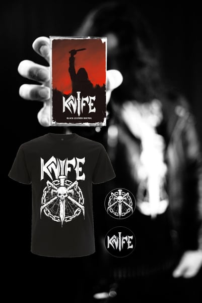 Image of  KNIFE - Black Leather Hounds - Bundle (incl. Tape with 2 stickers, shirt & 2 buttons)