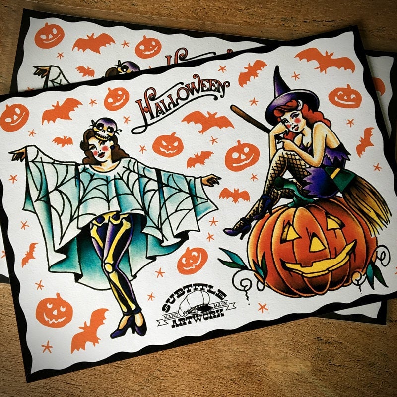 Image of Witches of Halloween Tattoo Flash Print