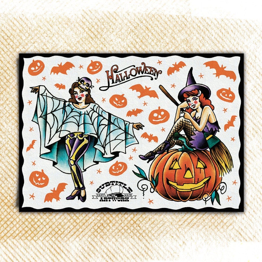 Witches of Halloween Tattoo Flash Print  Subtitle Artwork
