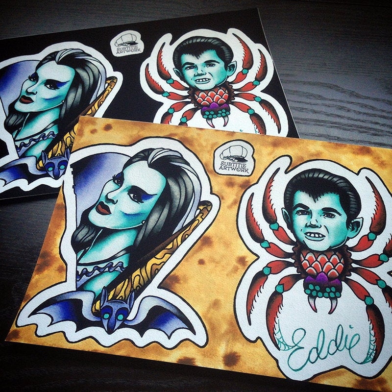 Image of The Munsters - Lily & Eddie Tattoo Flash Print