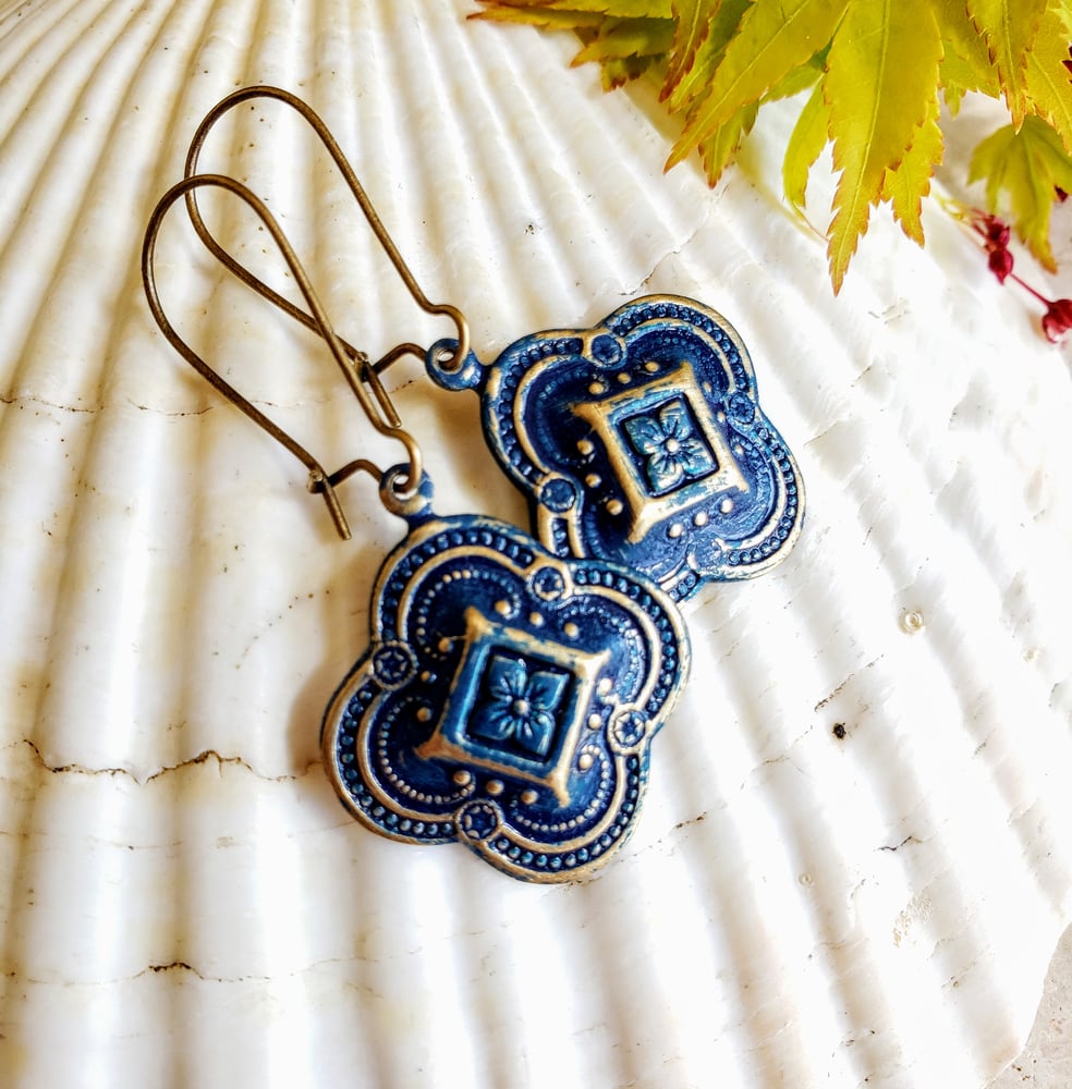 Image of Enamel & Brass Filigree Earrings Navy