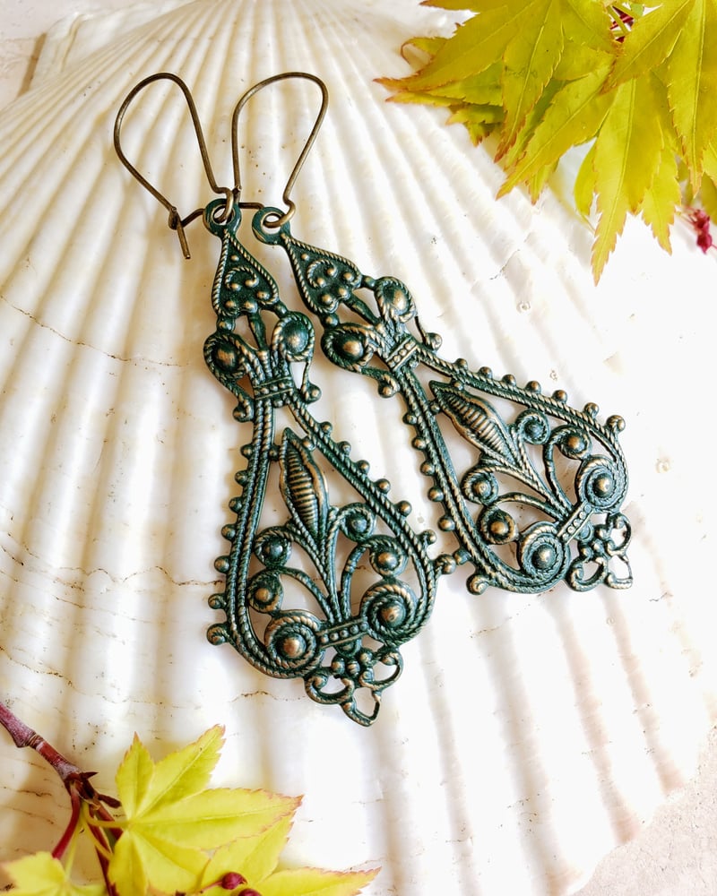 Image of Enamel & Brass Bohemian Filigree Earrings Forest Green