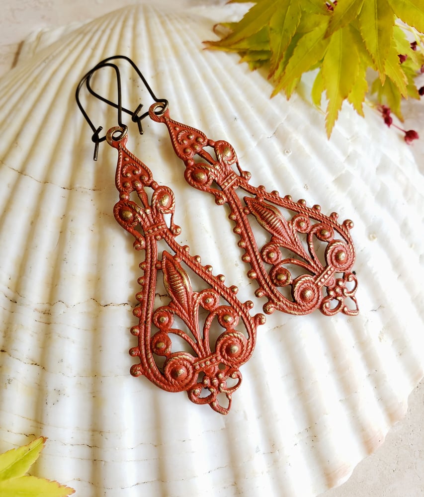 Image of Enamel & Brass Bohemian Filigree Earrings Turmeric 