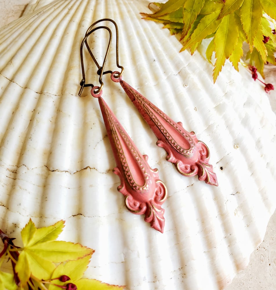 Image of Enamel & Brass Coral Dangle Earrrings