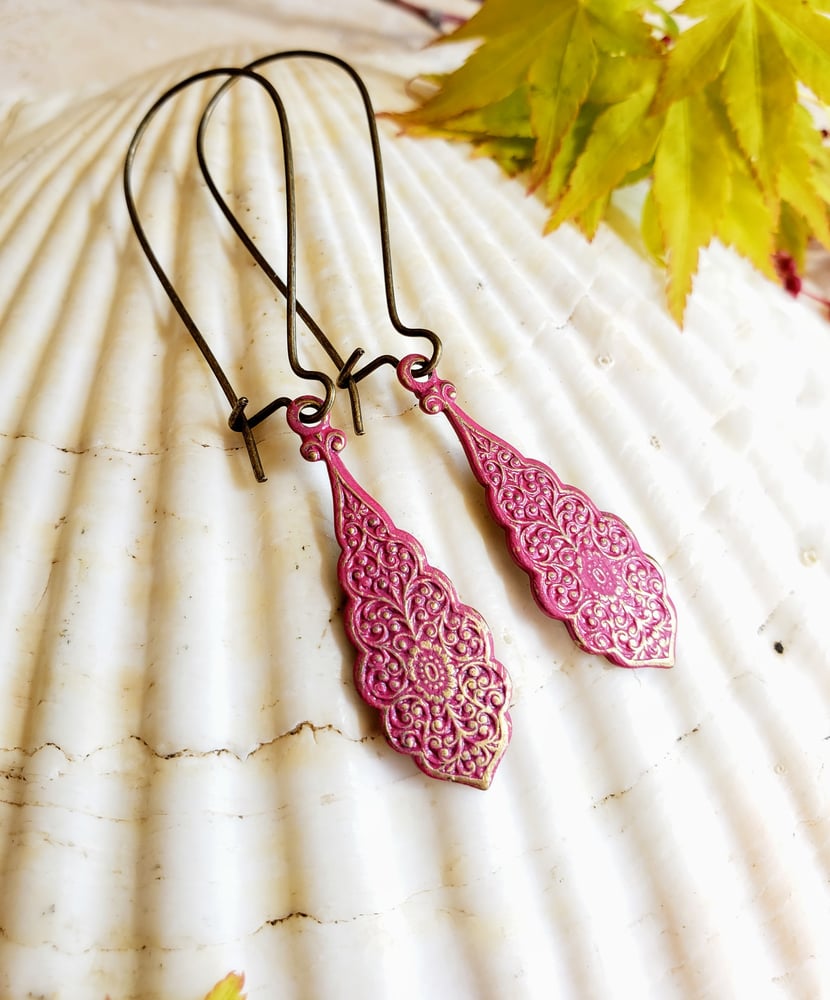 Image of Ornate Brass & Enamel Filigree Drop Earrings Raspberry Magenta