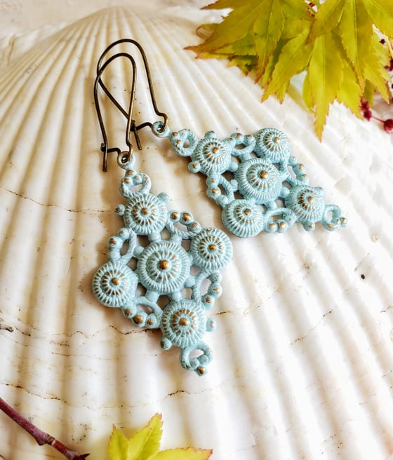 Image of Bohemian Brass & Hand Enameled Earrings in Cloud Blue