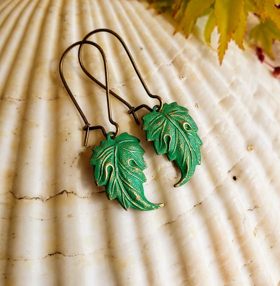 Image of Hand Enameled Delicate Brass Leaf Leaves Earrings