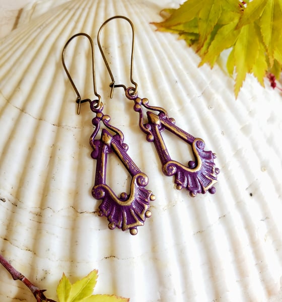 Image of Enamel & Brass Distressed Filigree Earrings Plumb