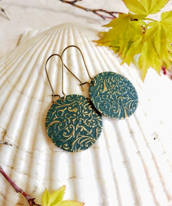 Image of Forest Green Enamel & Brass Filigree Earrings 