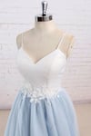 Charming Tulle Light Blue Spaghetti Straps Sweep Train Prom Dress, Long Party Dress