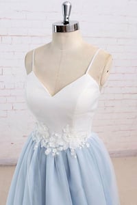 Image 3 of Charming Tulle Light Blue Spaghetti Straps Sweep Train Prom Dress, Long Party Dress