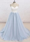Charming Tulle Light Blue Spaghetti Straps Sweep Train Prom Dress, Long Party Dress