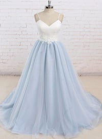 Image 1 of Charming Tulle Light Blue Spaghetti Straps Sweep Train Prom Dress, Long Party Dress