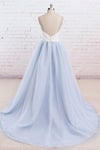 Charming Tulle Light Blue Spaghetti Straps Sweep Train Prom Dress, Long Party Dress