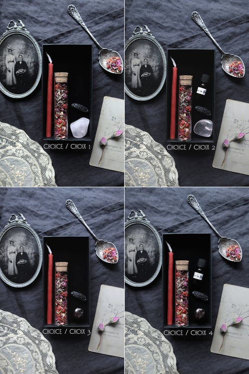 Image of FIN'AMOR. LOVE THEMED BOX ↟ organic handmade incense, candle, tonka bean, garnet, rose quartz
