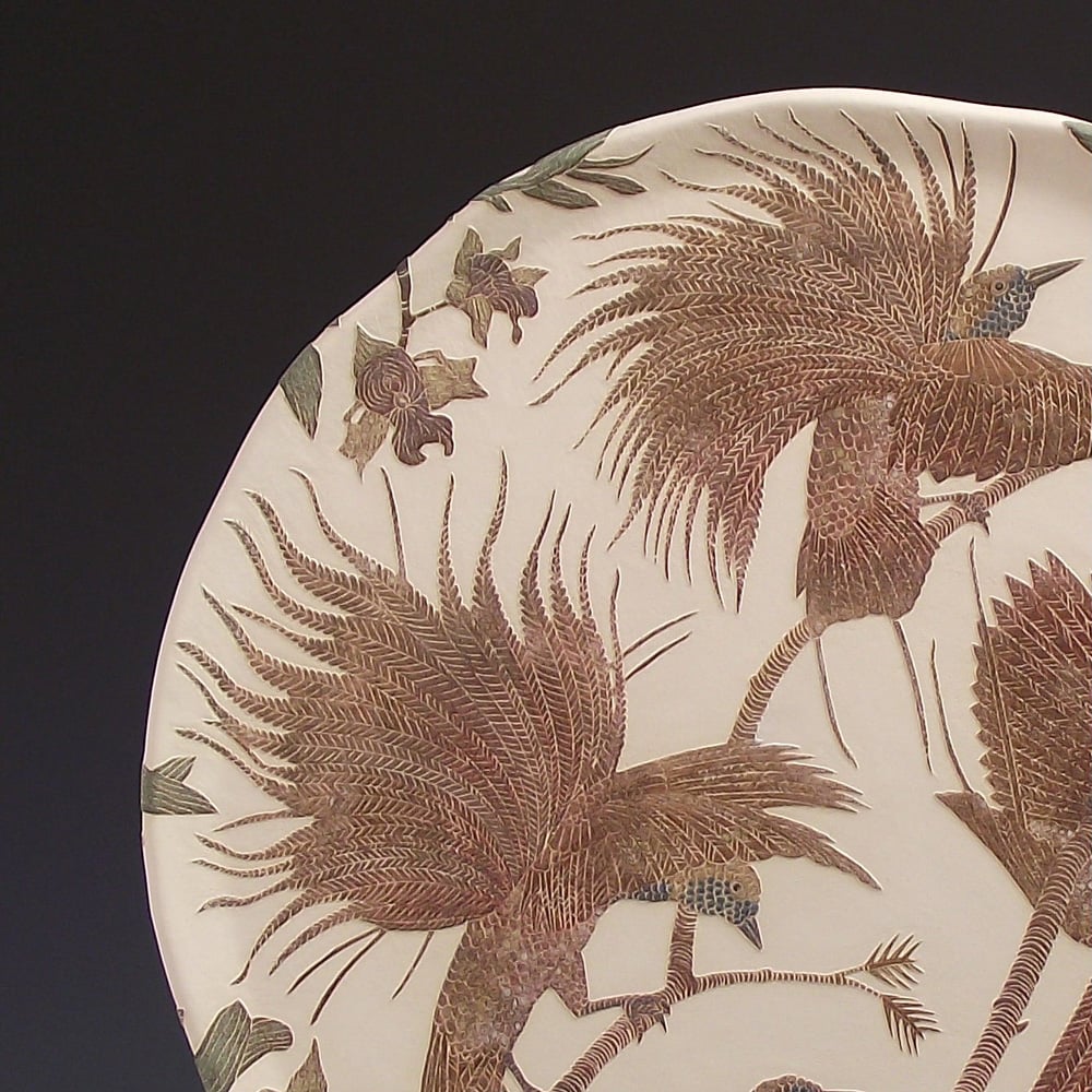 Image of Raggiana birds of paradise & orchids ceramic sgraffito wall art 