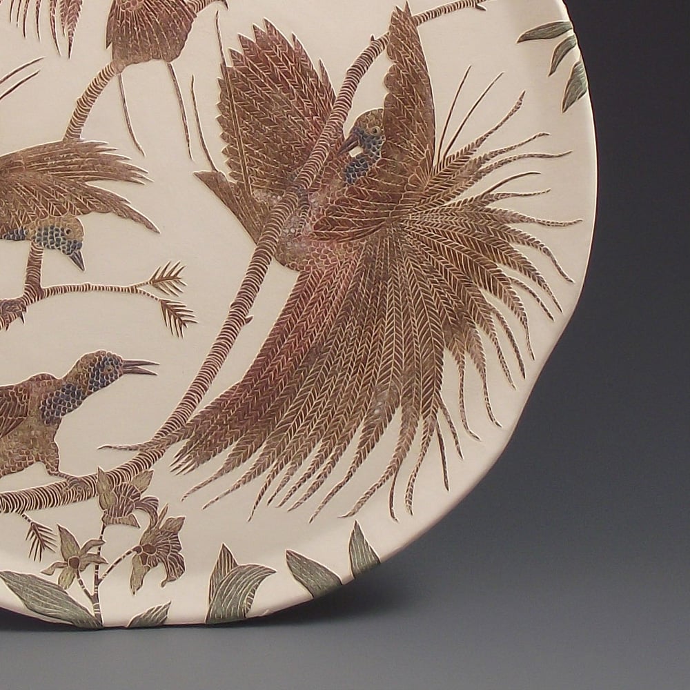 Image of Raggiana birds of paradise & orchids ceramic sgraffito wall art 