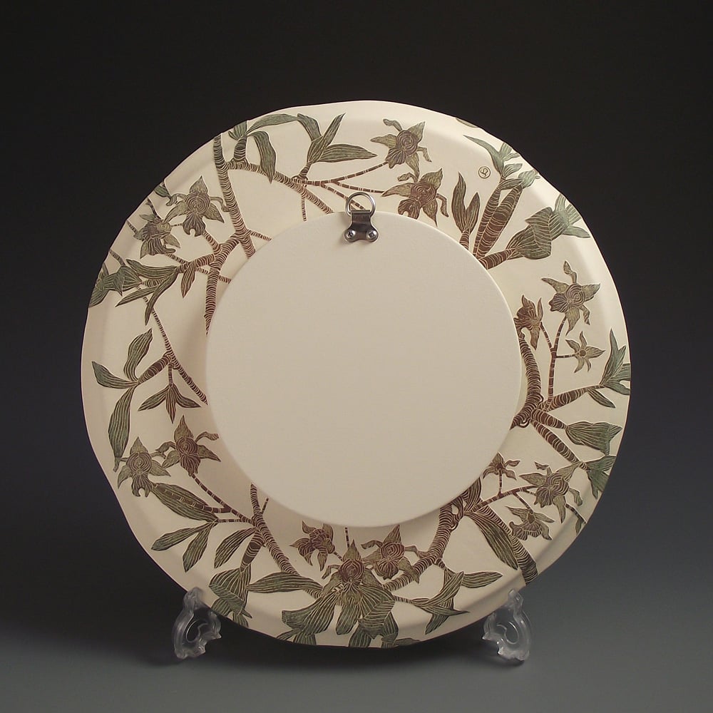 Image of Raggiana birds of paradise & orchids ceramic sgraffito wall art 