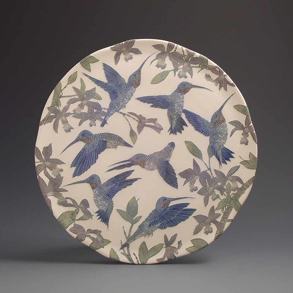 Image of Ruby throated hummingbirds & orchids ceramic sgraffito wall art 