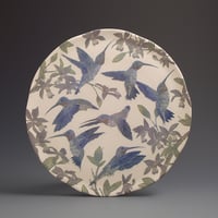 Image 1 of Ruby throated hummingbirds & orchids ceramic sgraffito wall art 