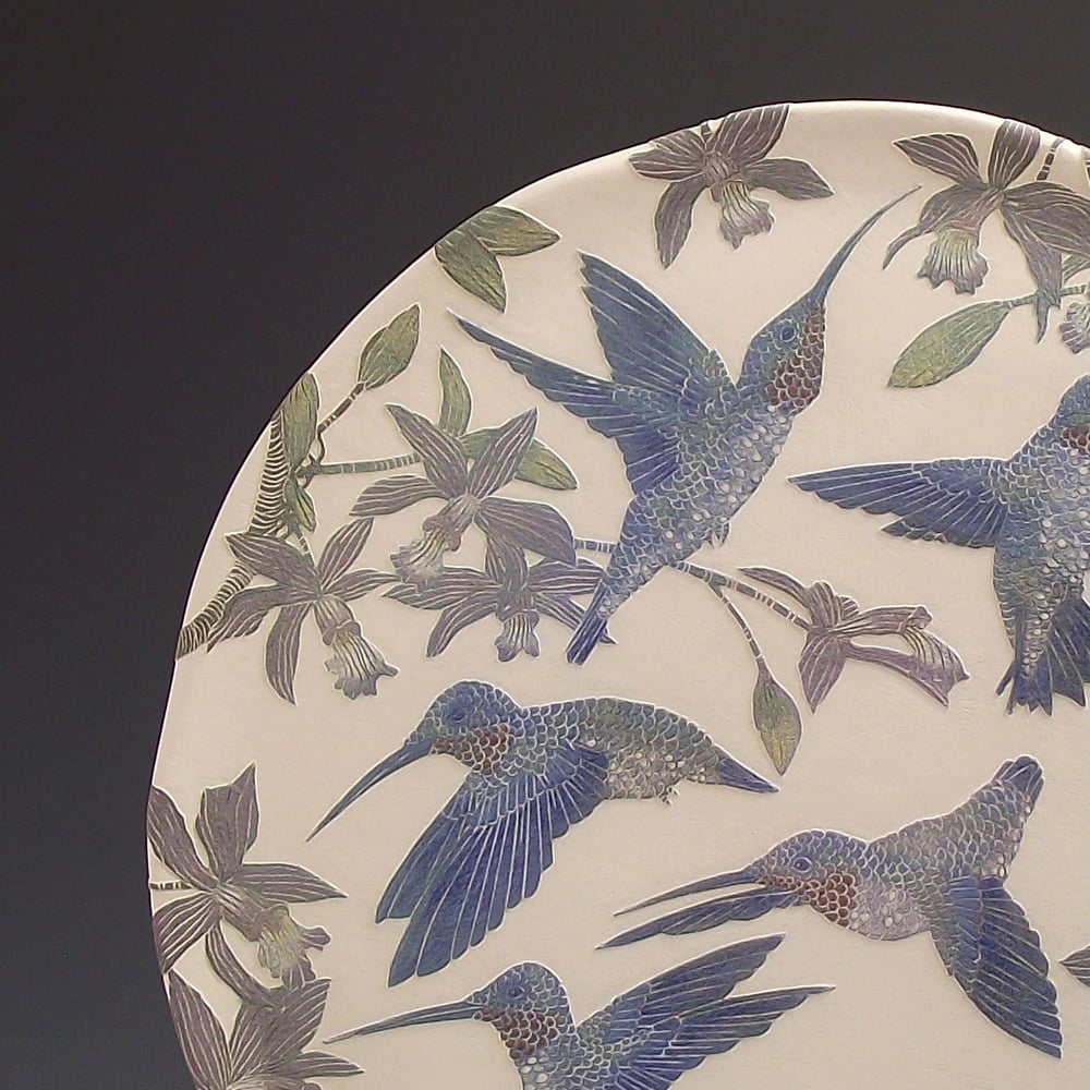 Image of Ruby throated hummingbirds & orchids ceramic sgraffito wall art 