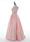 Elegant Pink Satin with Flowers Long Party Dress, Pink Prom Dress