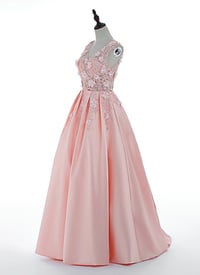Image 2 of Elegant Pink Satin with Flowers Long Party Dress, Pink Prom Dress