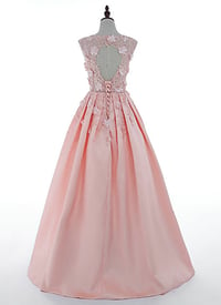 Image 3 of Elegant Pink Satin with Flowers Long Party Dress, Pink Prom Dress