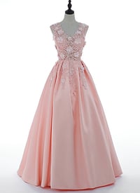 Image 1 of Elegant Pink Satin with Flowers Long Party Dress, Pink Prom Dress