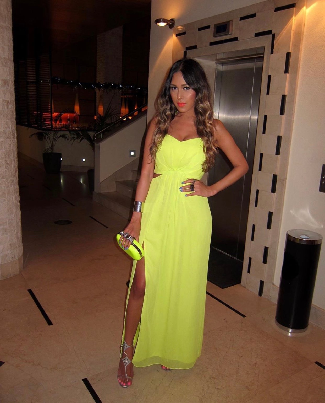 Image of BCBG NEON YELLOW MAXI DRESS WITH SIDE SLIT (SIZE 2)
